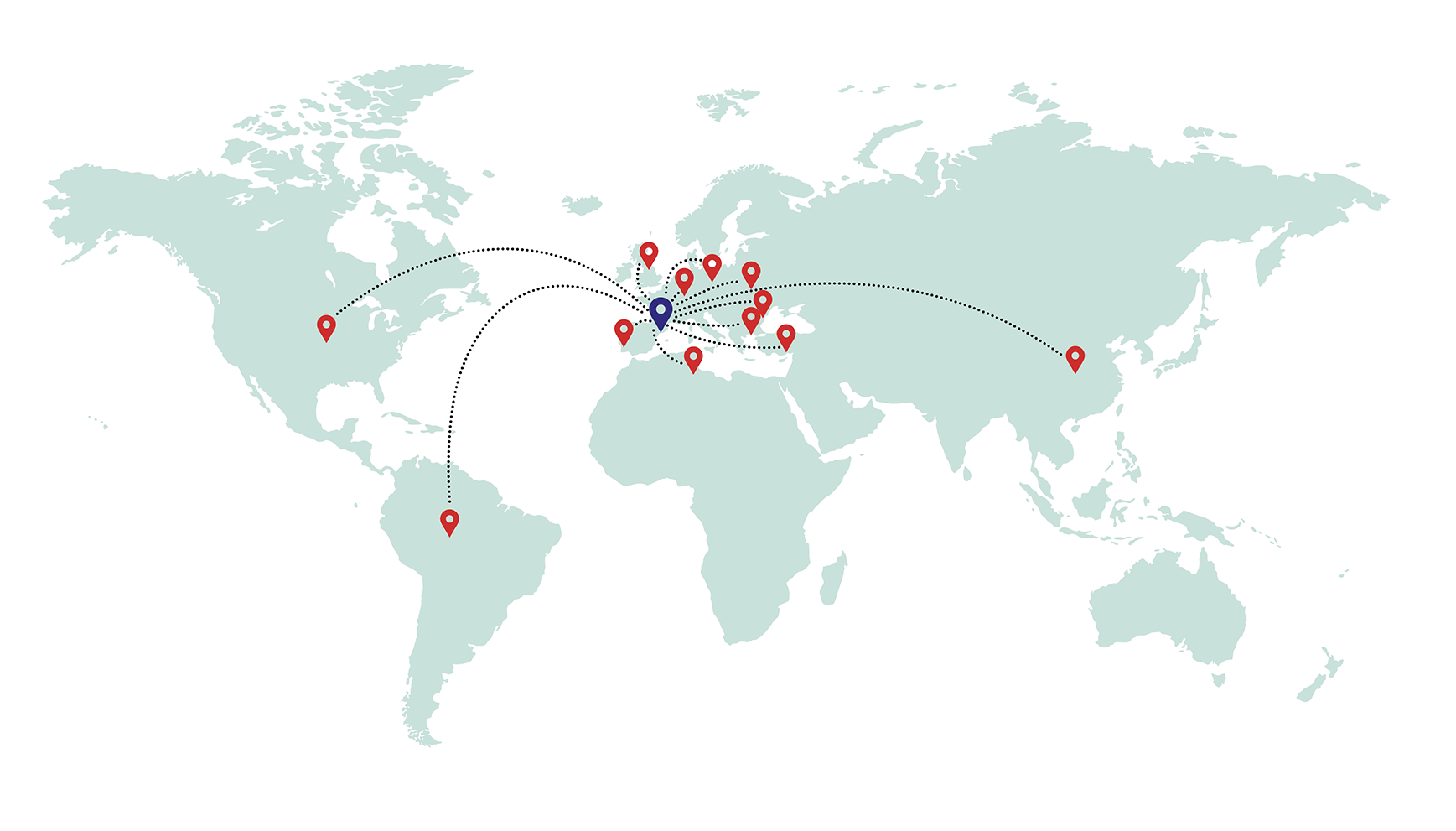 Mapa mundi que muestra con puntos rojos los países con clientes internacionales de Plastics Eumar